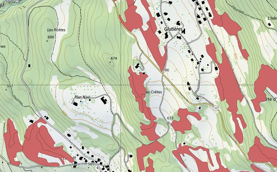 swisstopo national map showing the protected perimeter of Crête d'Auliens (Dry meadow)