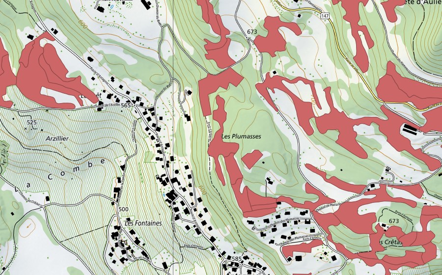 swisstopo national map showing the protected perimeter of Crête d'Auliens (Dry meadow)