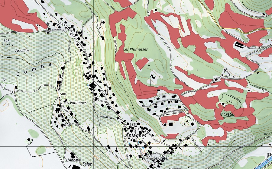 Carte nationale swisstopo avec le périmètre protégé de Crête d'Auliens (Prairie sèche)