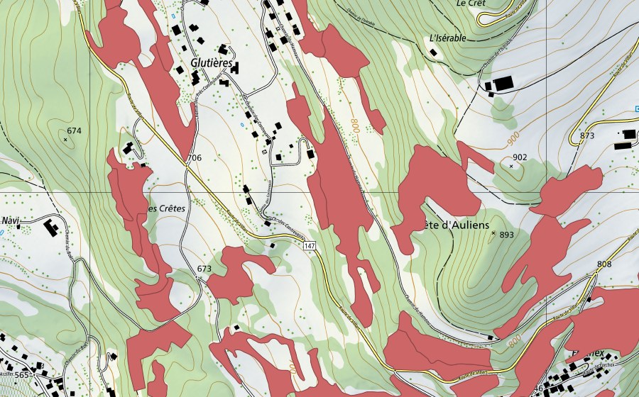 swisstopo national map showing the protected perimeter of Crête d'Auliens (Dry meadow)