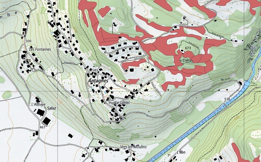 Carte nationale swisstopo avec le périmètre protégé de Crête d'Auliens (Prairie sèche)