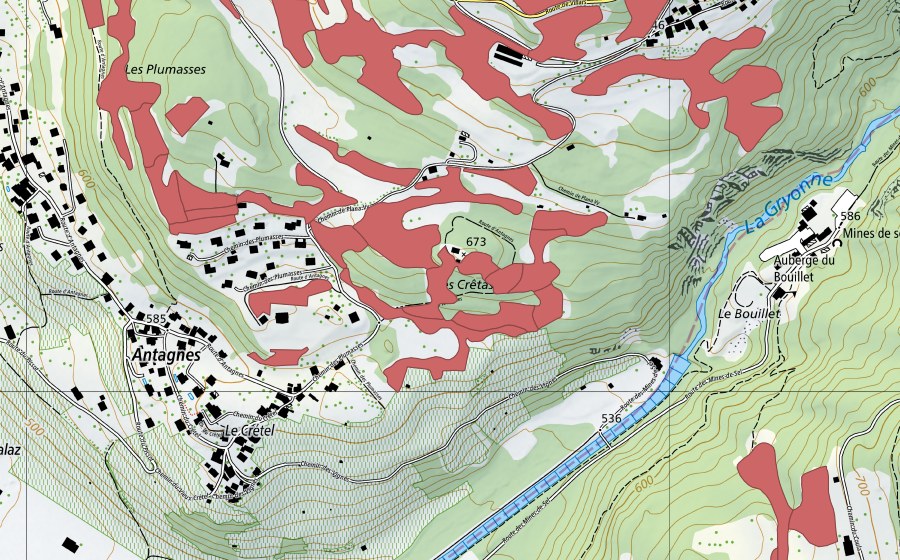 Carte nationale swisstopo avec le périmètre protégé de Crête d'Auliens (Prairie sèche)