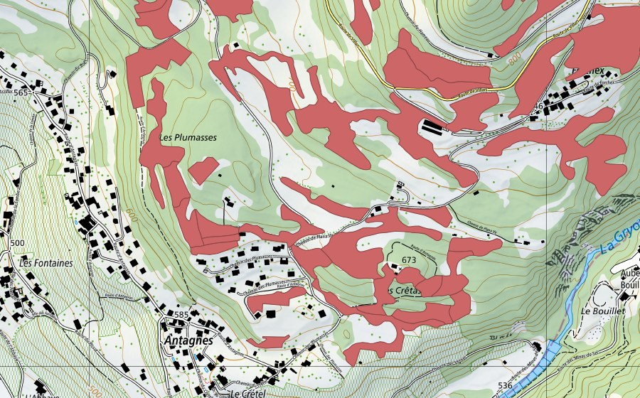 swisstopo national map showing the protected perimeter of Crête d'Auliens (Dry meadow)