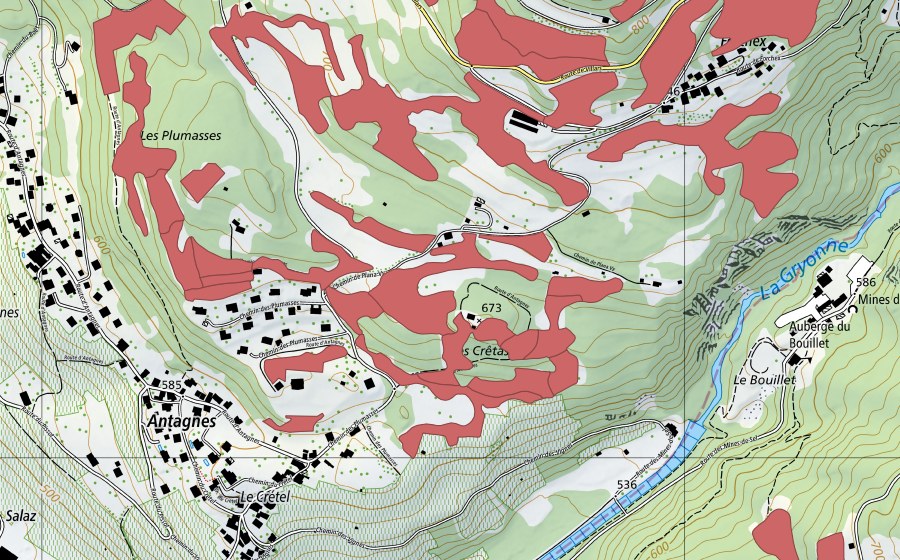 swisstopo national map showing the protected perimeter of Crête d'Auliens (Dry meadow)