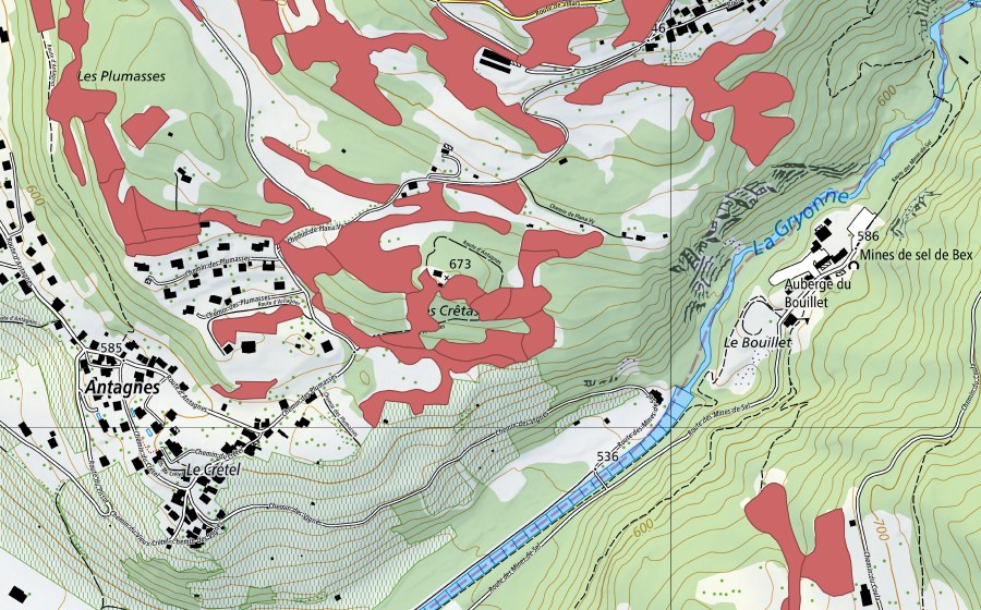 Carte nationale swisstopo avec le périmètre protégé de Crête d'Auliens (Prairie sèche)
