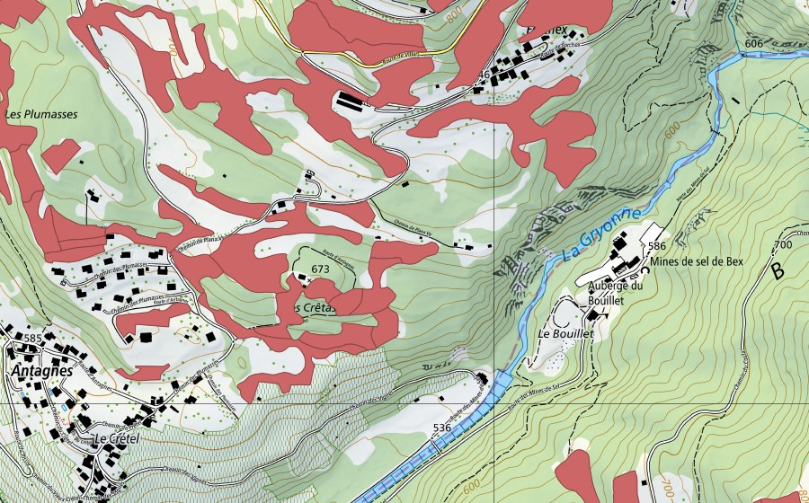 Carte nationale swisstopo avec le périmètre protégé de Crête d'Auliens (Prairie sèche)
