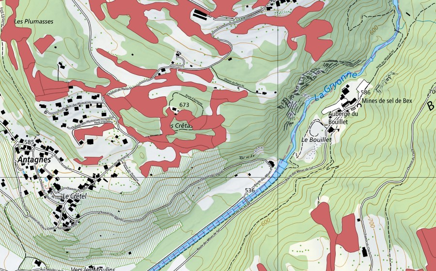 Carte nationale swisstopo avec le périmètre protégé de Crête d'Auliens (Prairie sèche)