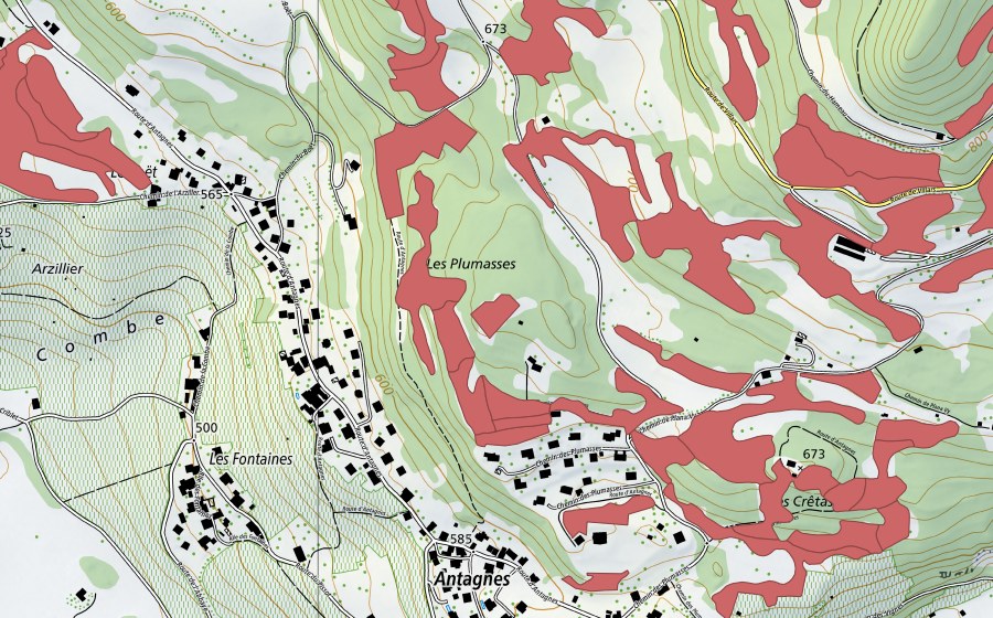 swisstopo national map showing the protected perimeter of Crête d'Auliens (Dry meadow)