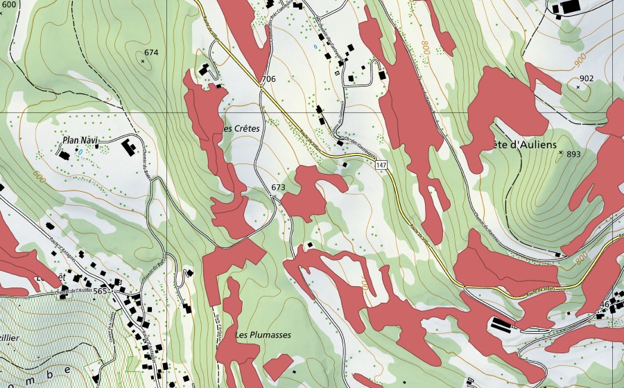 swisstopo national map showing the protected perimeter of Crête d'Auliens (Dry meadow)
