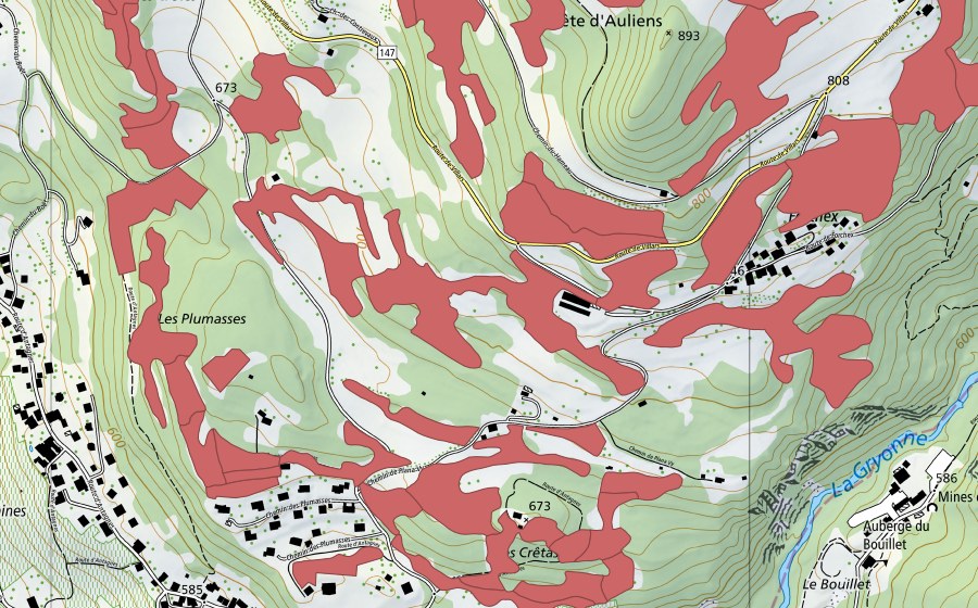 swisstopo national map showing the protected perimeter of Crête d'Auliens (Dry meadow)