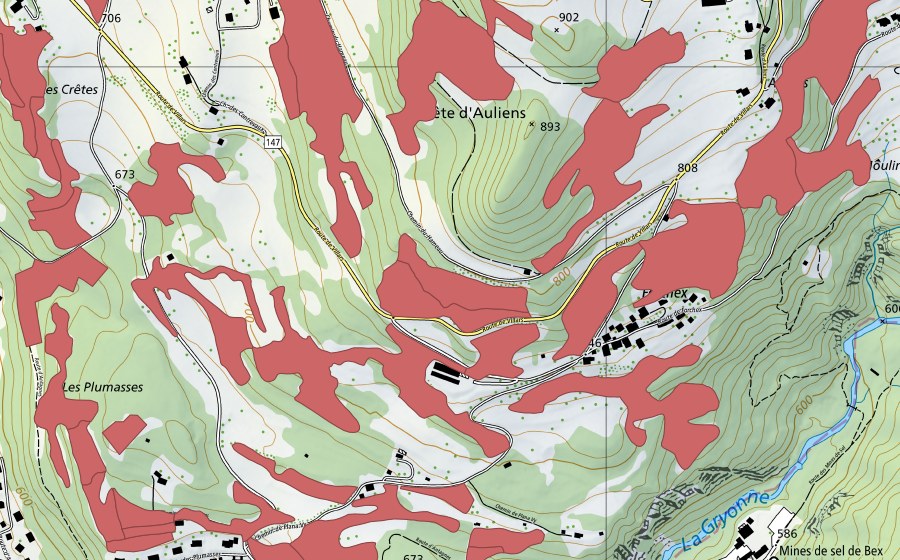 Landeskarte swisstopo mit dem Schutzperimeter von Crête d'Auliens (Trockenwiese)