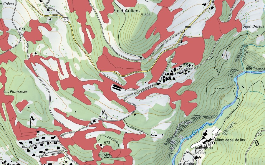 Carte nationale swisstopo avec le périmètre protégé de Crête d'Auliens (Prairie sèche)