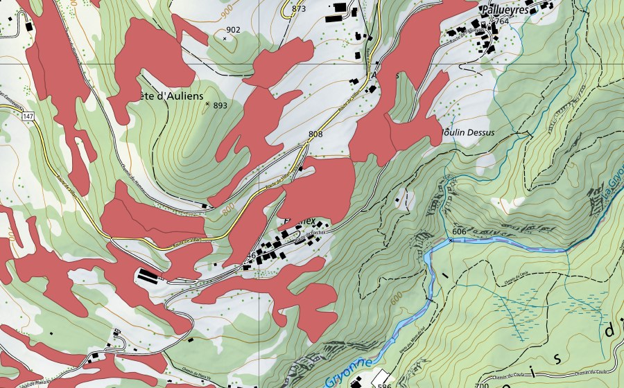 Landeskarte swisstopo mit dem Schutzperimeter von Crête d'Auliens (Trockenwiese)