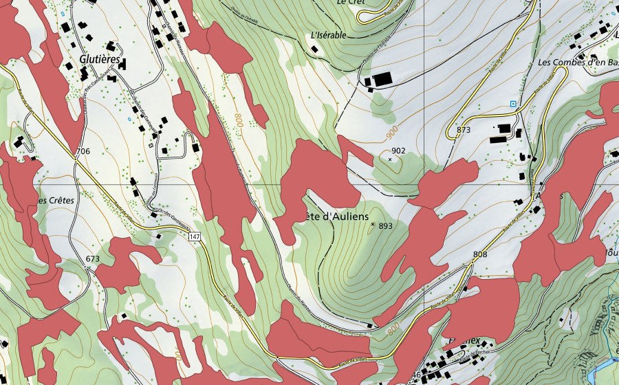 Carte nationale swisstopo avec le périmètre protégé de Crête d'Auliens (Prairie sèche)