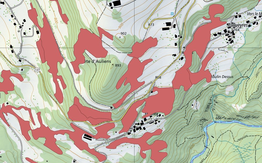 Landeskarte swisstopo mit dem Schutzperimeter von Crête d'Auliens (Trockenwiese)