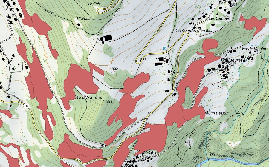 Carte nationale swisstopo avec le périmètre protégé de Crête d'Auliens (Prairie sèche)