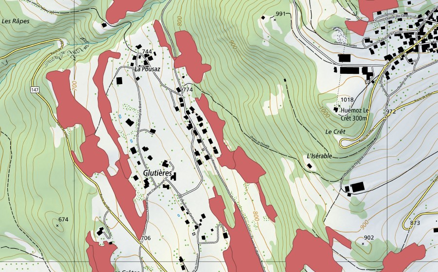Carte nationale swisstopo avec le périmètre protégé de Crête d'Auliens (Prairie sèche)