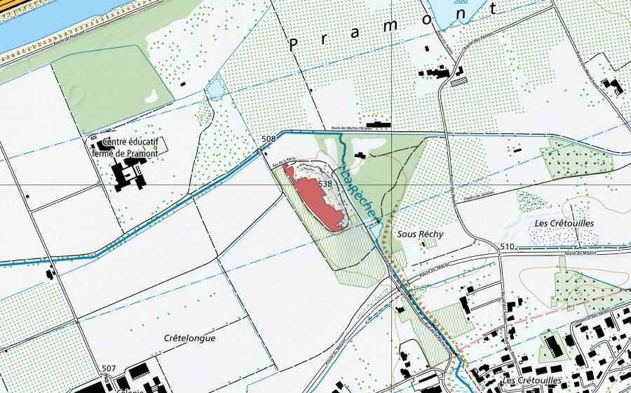 Carte nationale swisstopo avec le périmètre protégé de Crête Longue (Prairie sèche)
