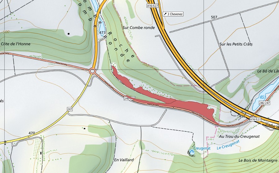 swisstopo national map showing the protected perimeter of Creugenat (Dry meadow)