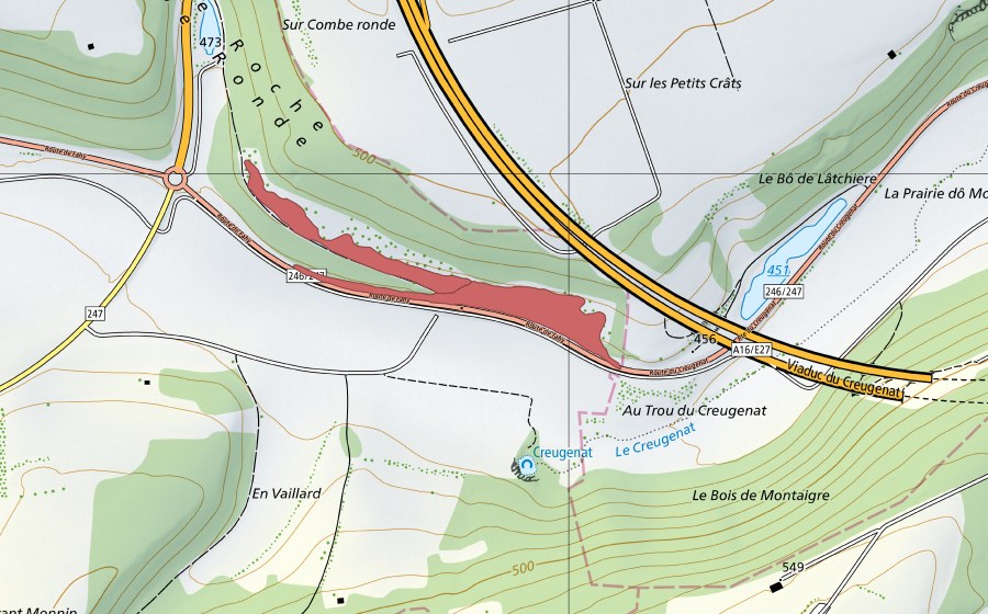 swisstopo national map showing the protected perimeter of Creugenat (Dry meadow)