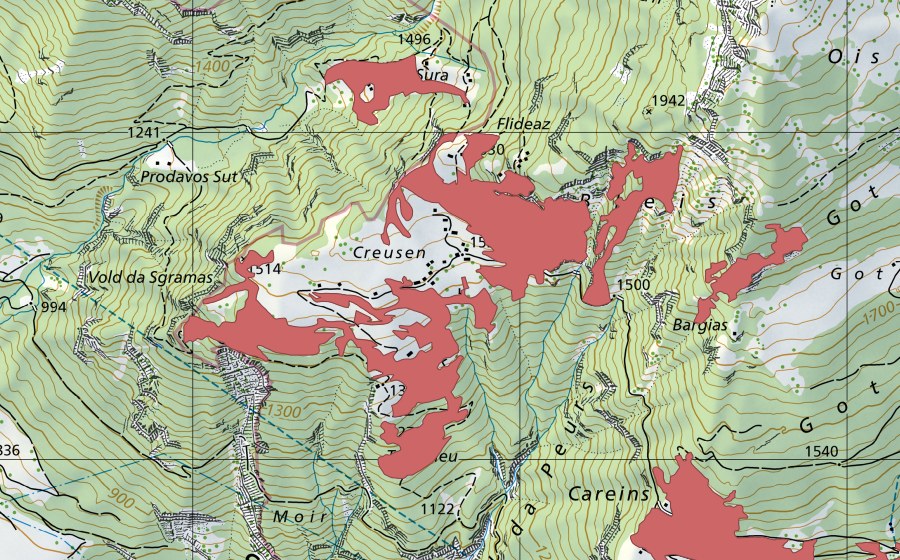 Landeskarte swisstopo mit dem Schutzperimeter von Creusen (Trockenwiese)