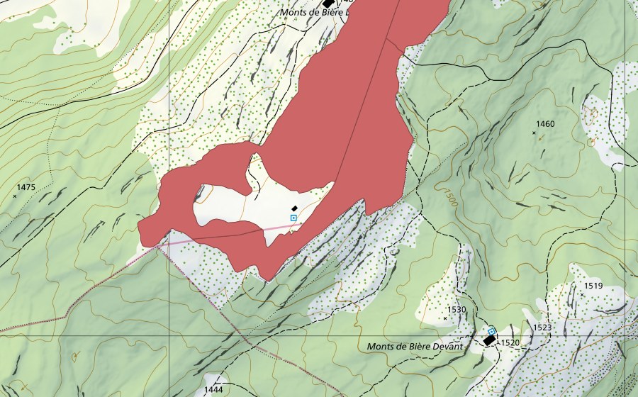 Landeskarte swisstopo mit dem Schutzperimeter von Creux d'Enfer (Trockenwiese)