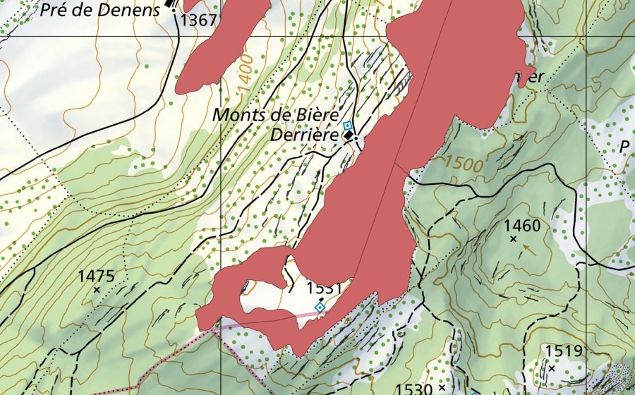Carte nationale swisstopo avec le périmètre protégé de Creux d'Enfer (Prairie sèche)