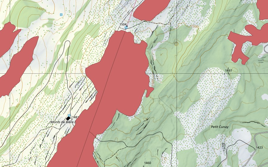 swisstopo national map showing the protected perimeter of Creux d'Enfer (Dry meadow)