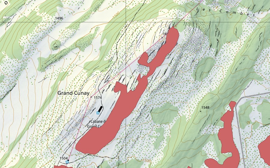 Landeskarte swisstopo mit dem Schutzperimeter von Creux d'Enfer (Trockenwiese)