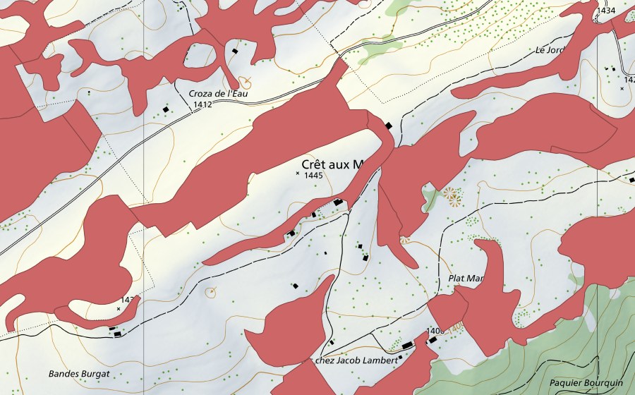 Carte nationale swisstopo avec le périmètre protégé de Creux du Van (Prairie sèche)
