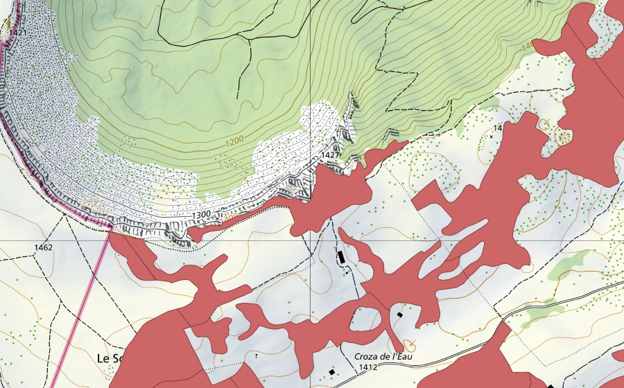 Landeskarte swisstopo mit dem Schutzperimeter von Creux du Van (Trockenwiese)
