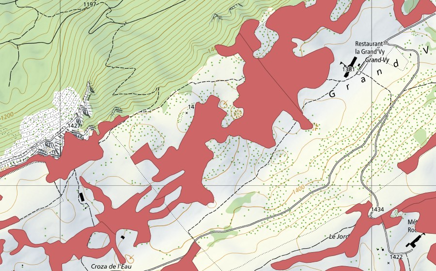 Carte nationale swisstopo avec le périmètre protégé de Creux du Van (Prairie sèche)