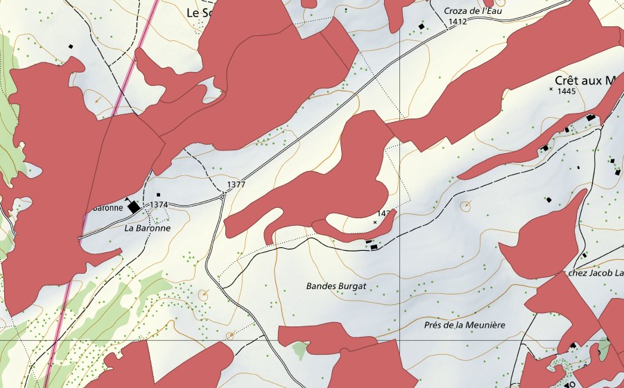 Landeskarte swisstopo mit dem Schutzperimeter von Creux du Van (Trockenwiese)
