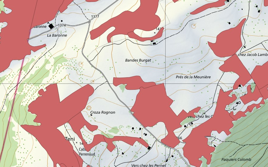 swisstopo national map showing the protected perimeter of Creux du Van (Dry meadow)