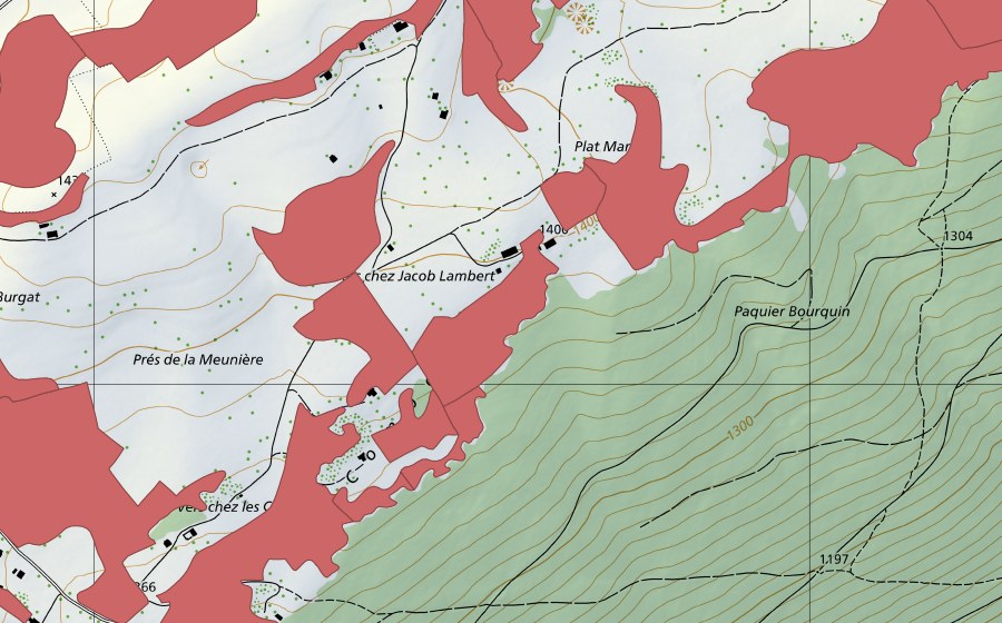 Landeskarte swisstopo mit dem Schutzperimeter von Creux du Van (Trockenwiese)