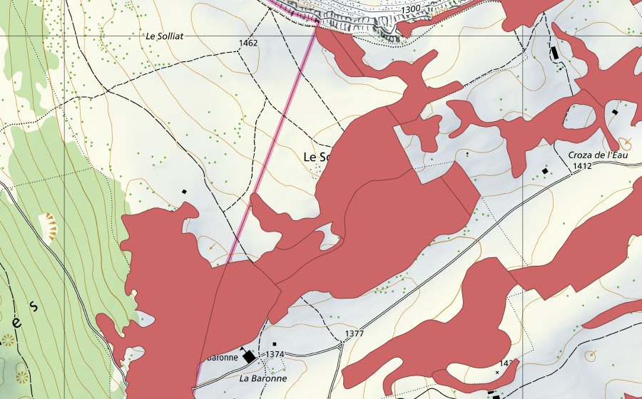 Landeskarte swisstopo mit dem Schutzperimeter von Creux du Van (Trockenwiese)