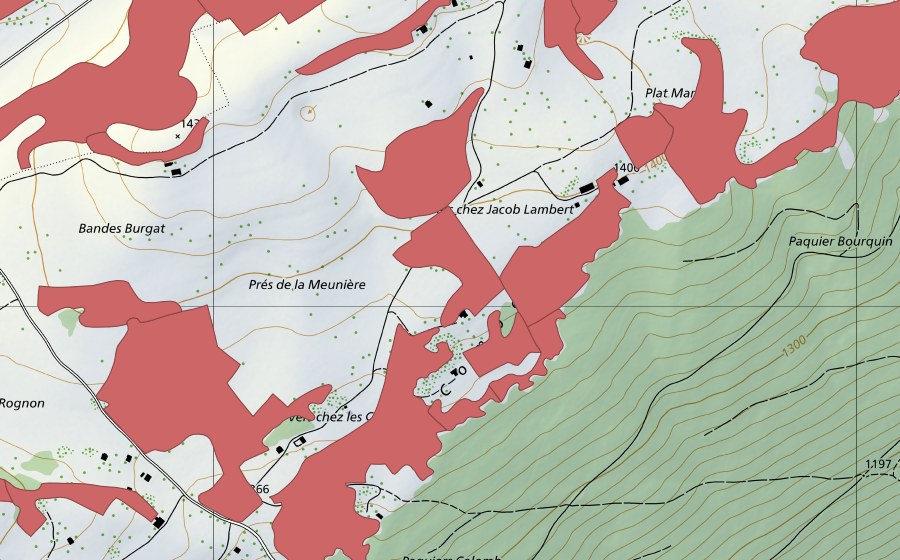 swisstopo national map showing the protected perimeter of Creux du Van (Dry meadow)