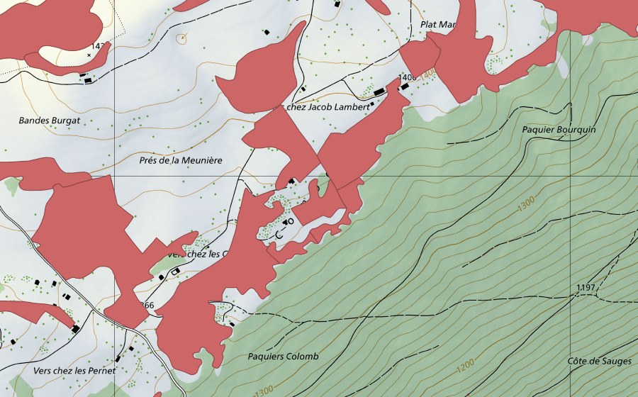 swisstopo national map showing the protected perimeter of Creux du Van (Dry meadow)