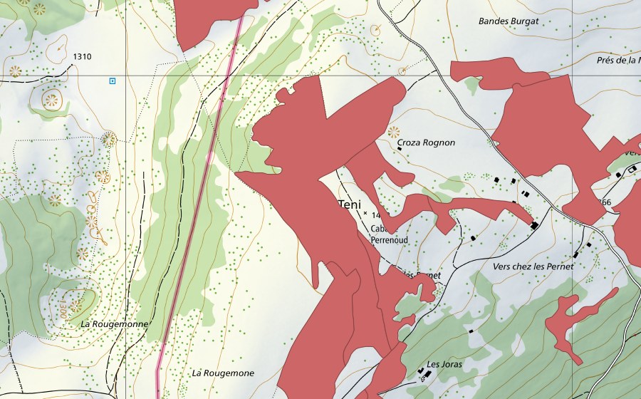 Carte nationale swisstopo avec le périmètre protégé de Creux du Van (Prairie sèche)