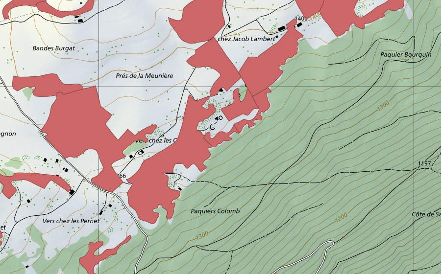 Carte nationale swisstopo avec le périmètre protégé de Creux du Van (Prairie sèche)