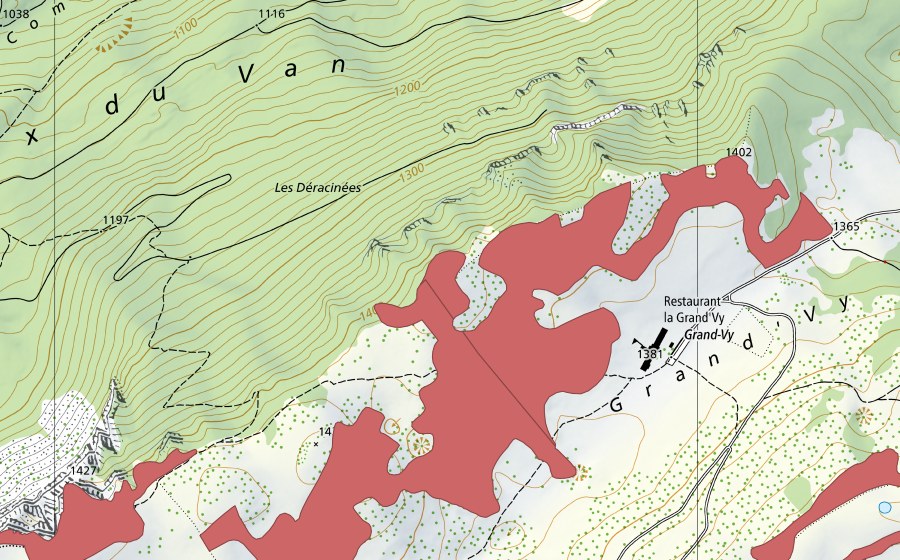 swisstopo national map showing the protected perimeter of Creux du Van (Dry meadow)