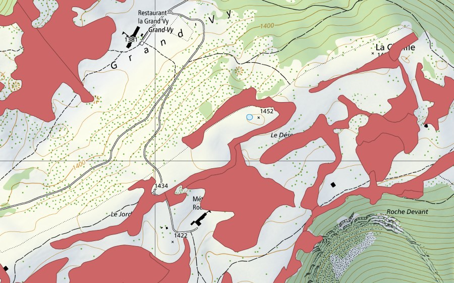 swisstopo national map showing the protected perimeter of Creux du Van (Dry meadow)