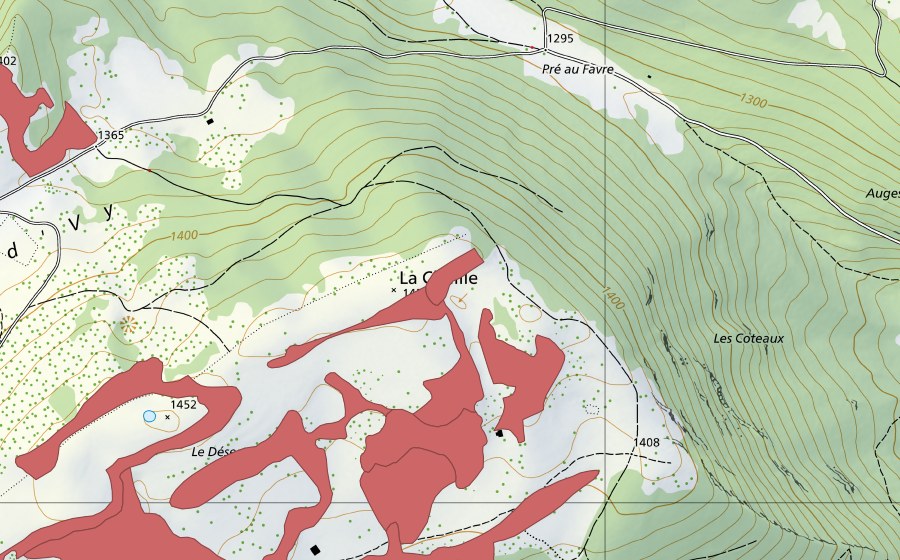 swisstopo national map showing the protected perimeter of Creux du Van (Dry meadow)