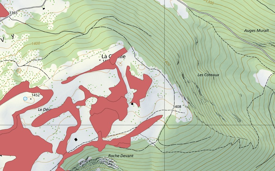 Landeskarte swisstopo mit dem Schutzperimeter von Creux du Van (Trockenwiese)