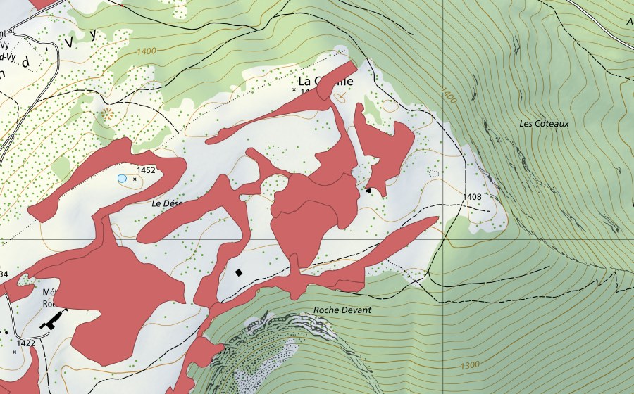swisstopo national map showing the protected perimeter of Creux du Van (Dry meadow)