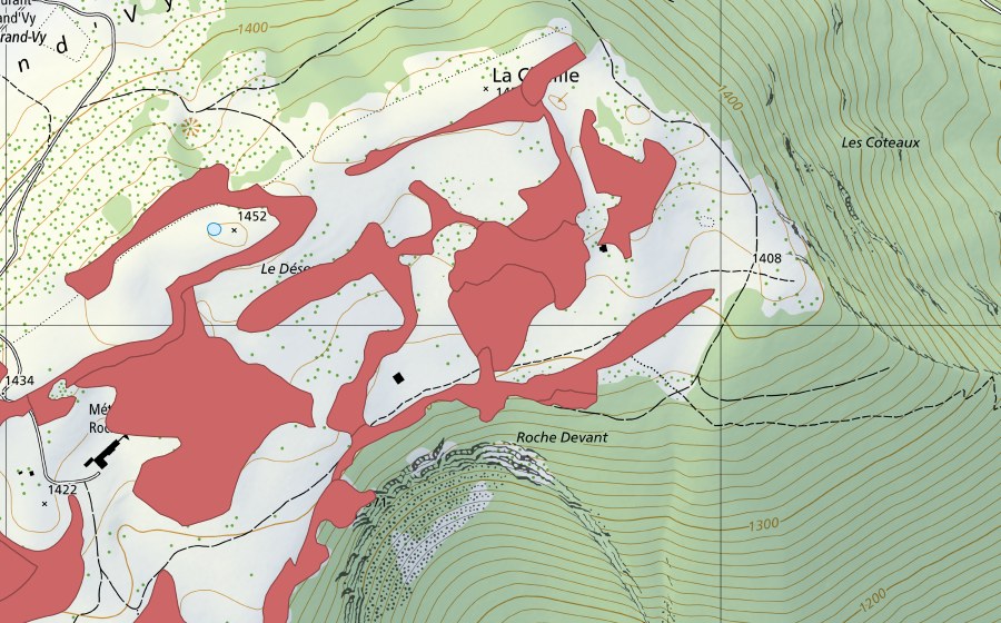 Carte nationale swisstopo avec le périmètre protégé de Creux du Van (Prairie sèche)