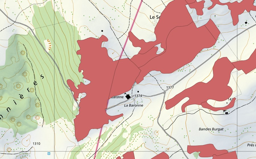 swisstopo national map showing the protected perimeter of Creux du Van (Dry meadow)