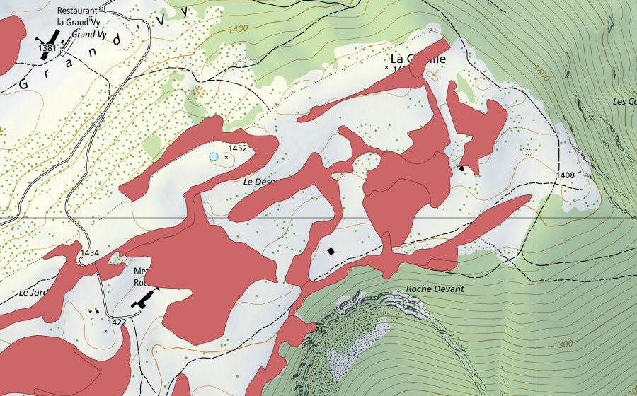 swisstopo national map showing the protected perimeter of Creux du Van (Dry meadow)