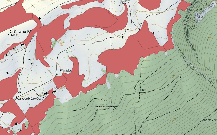 Carte nationale swisstopo avec le périmètre protégé de Creux du Van (Prairie sèche)