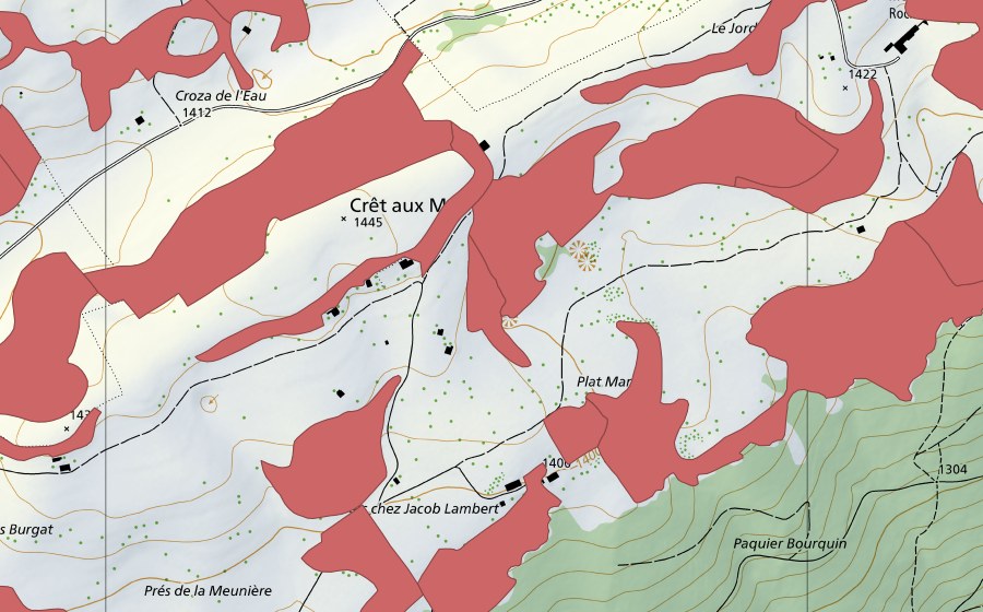 swisstopo national map showing the protected perimeter of Creux du Van (Dry meadow)